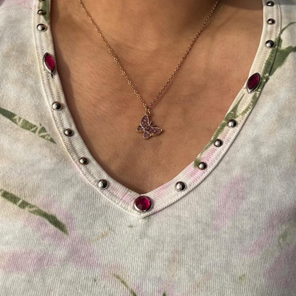 Gold pink bedazzle butterfly necklace